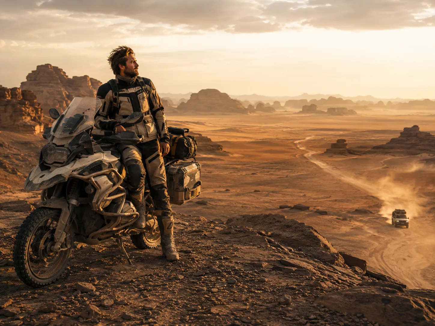 Adventure rider with BMW GS overlooking the Saudi desert